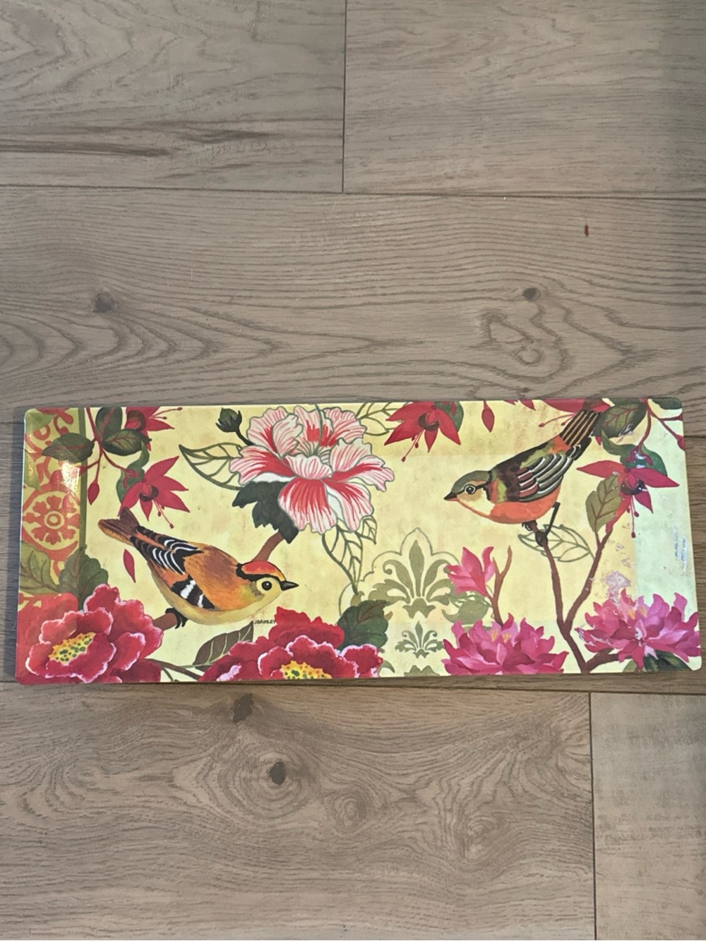 Vintage Earth Aware Bamboo Platter  Floral Birds Decor 19"x 8"